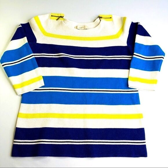 Ann Taylor LOFT 3/4 Sleeve Striped Sweater, White Blue Green - Picture 4 of 10